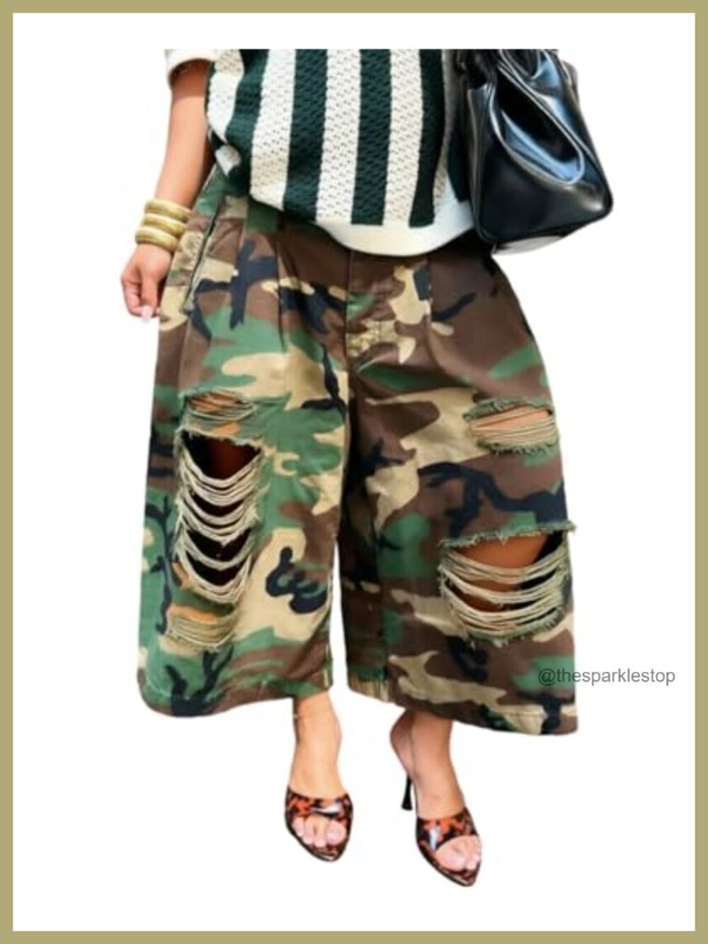 Ripped Camo Wide Leg Cropped Pants High Waisted Baggy Pleated Cargo Capris